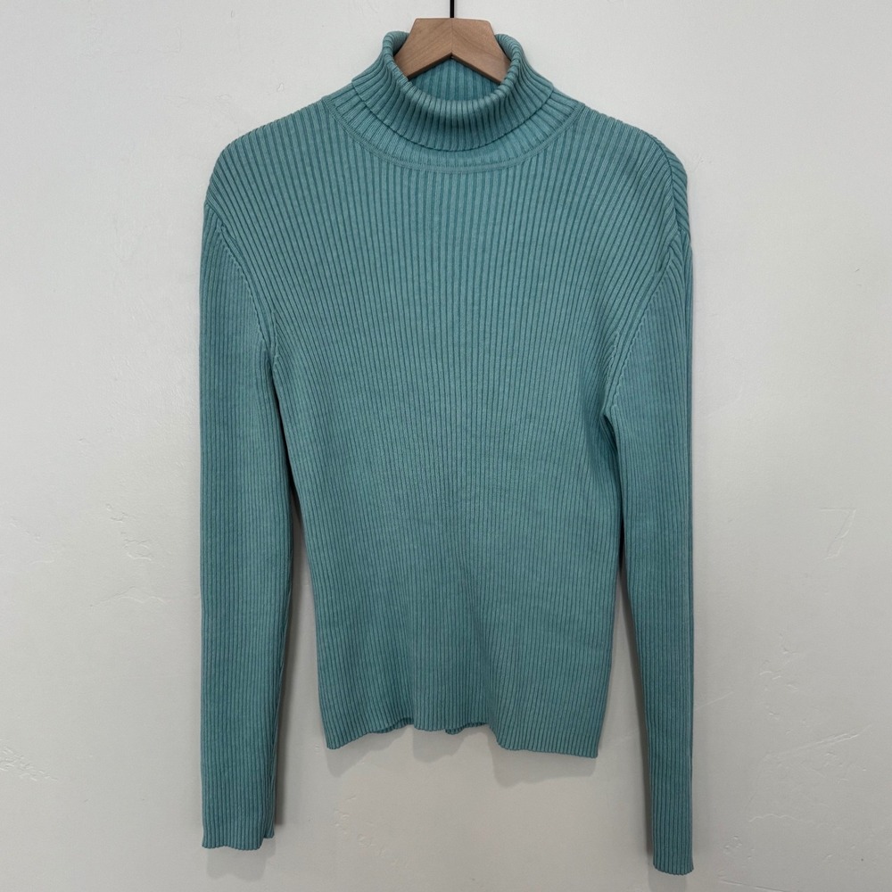 Chico's Silk Blend Ribbed Knit Turtleneck Sweater Teal Blue XL Size 3 Minimalist